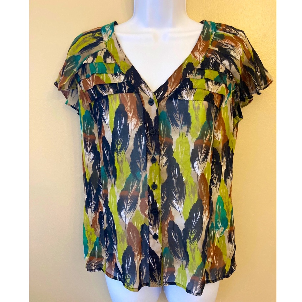 East 5th Medium Chiffon Feather Pattern Button Down Blouse
